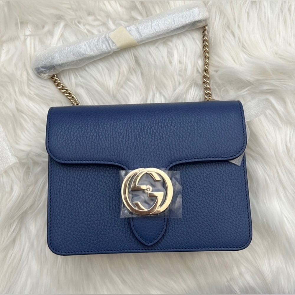 💯% Auth Gucci Interlocking GG Crossbody Bag Blue Leather NEW